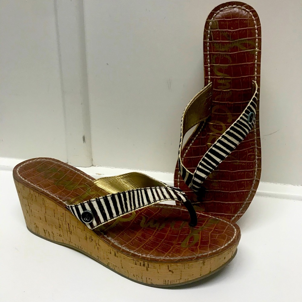 Sam Edelman Romy Wedge Sandal Cork Platform Calf Hair Zebra Stripe Shoes Sz 9M